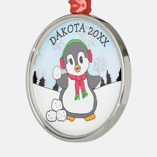 Niedlicher Pinguin Schneebälle werfen Weihnachten Ornament Aus Metall (Links)