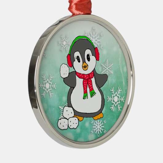 Niedlicher Pinguin Schneebälle werfen Weihnachten Ornament Aus Metall (Rechts)