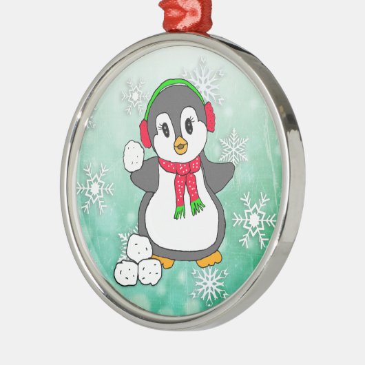 Niedlicher Pinguin Schneebälle werfen Weihnachten Ornament Aus Metall (Links)