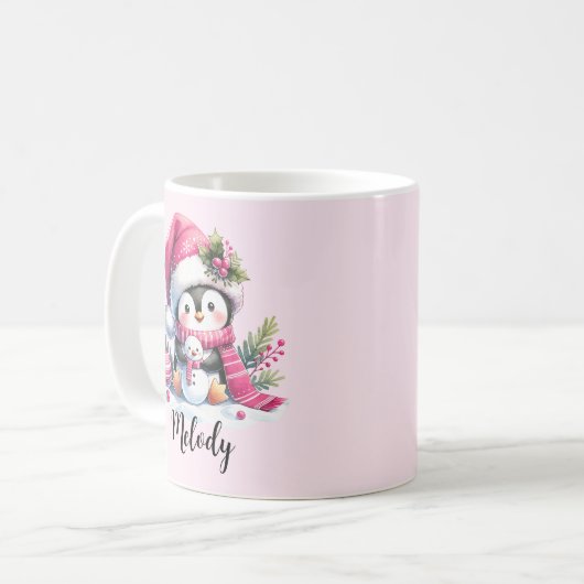 Niedlicher Pinguin-Script-Name Rosa Weihnachten Kaffeetasse (Vorderseite Links)