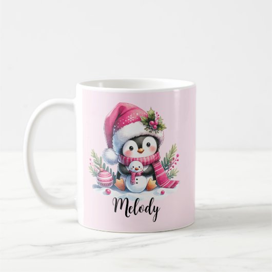 Niedlicher Pinguin-Script-Name Rosa Weihnachten Kaffeetasse (Links)