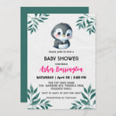 Niedlicher Pinguin Spring Blätter Babydusche Kinde Einladung (Vorne/Hinten)