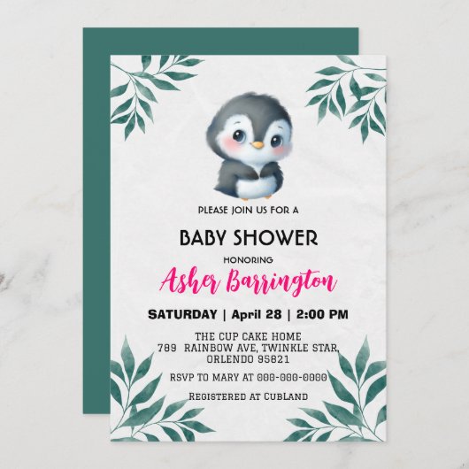 Niedlicher Pinguin Spring Blätter Babydusche Kinde Einladung (Vorne/Hinten)
