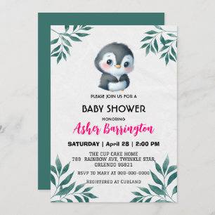 Niedlicher Pinguin Spring Blätter Babydusche Kinde Einladung