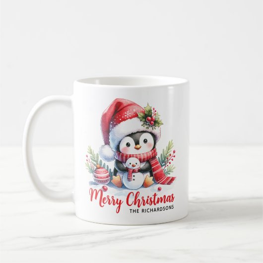 Niedlicher Pinguin und Snowman Frohe Weihnachten Kaffeetasse (Links)