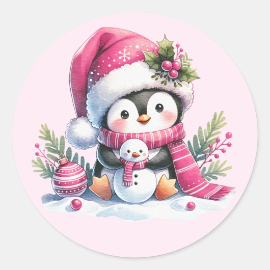 Niedlicher Pinguin und Snowman Pink Weihnachten Runder Aufkleber (Vorderseite)