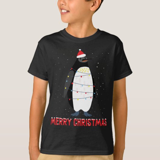 Niedlicher Pinguin Weihnachtsbaumleuchten T-Shirt (Vorderseite)