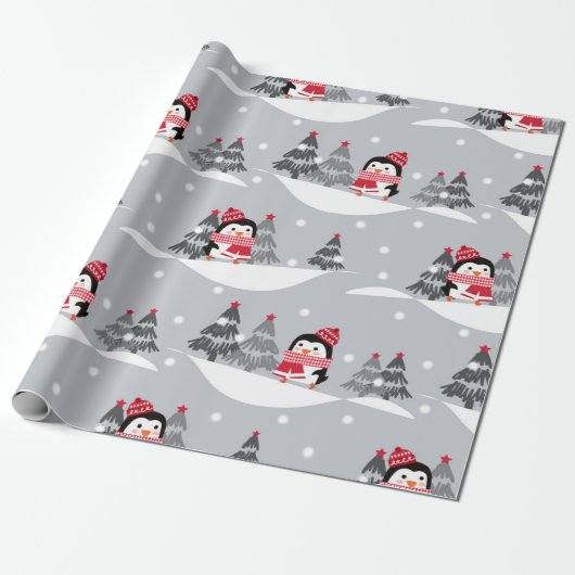 Niedlicher Pinguin Weihnachtsmuster Geschenkpapier (Ungerollt)
