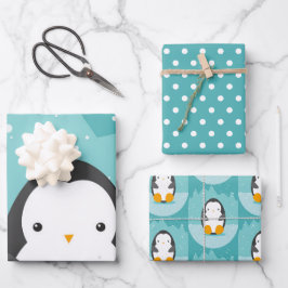 Niedlicher Pinguin Winter Cartoon Blau Geschenkpapier Set