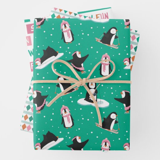 Niedlicher Pinguin Winterspass Rosa & Aquamarin Geschenkpapier Set (Beispiel)