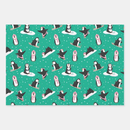 Niedlicher Pinguin Winterspass Rosa & Aquamarin Geschenkpapier Set (Vorderseite)