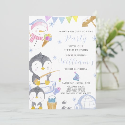 Niedlicher Pinguin zum Geburtstag Einladung (Stehend Vorderseite)