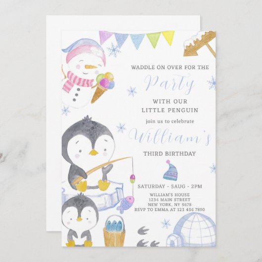 Niedlicher Pinguin zum Geburtstag Einladung (Vorne/Hinten)