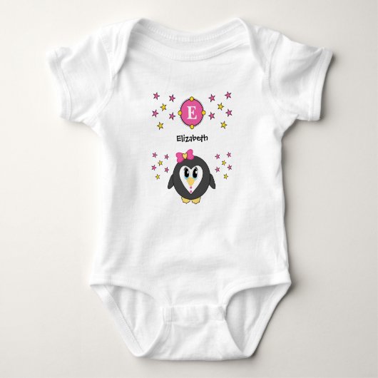 Niedlicher Pinguiname-Sterne gelb pink Baby Strampler (Vorderseite)