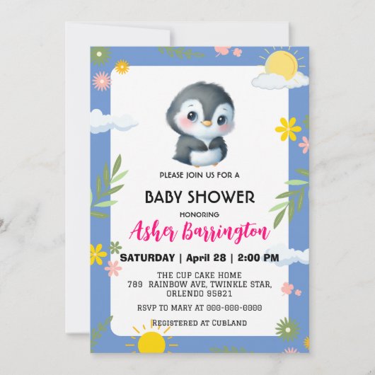 Niedlicher Pinguinsonnenschirm Blume Babydusche Ki Einladung (Vorderseite)