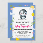 Niedlicher Pinguinsonnenschirm Blume Babydusche Ki Einladung (Vorne/Hinten)