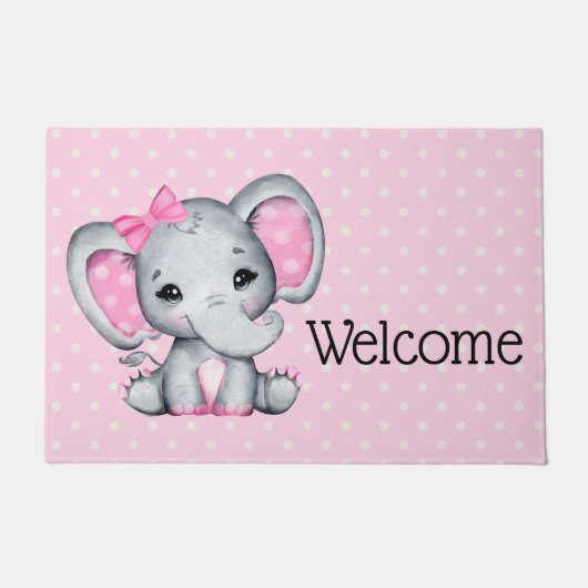 Niedlicher Pink Baby Elephant mit Polka Dot Oars Fußmatte (Vorderseite)