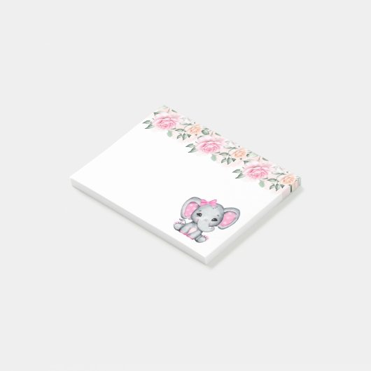 Niedlicher Pink Baby Elephant mit Polka Dot Oars Post-it Klebezettel (angewinkelt)