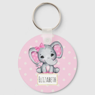 Niedlicher Pink Baby Elephant mit Polka Dot Oars Schlüsselanhänger
