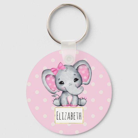 Niedlicher Pink Baby Elephant mit Polka Dot Oars Schlüsselanhänger (Vorderseite)