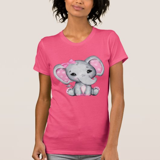 Niedlicher Pink Baby Elephant mit Polka Dot Oars T-Shirt (Vorderseite)