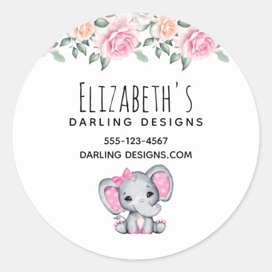 Niedlicher Pink Baby Elephant und Rose Grenzgeschä Runder Aufkleber (Vorderseite)