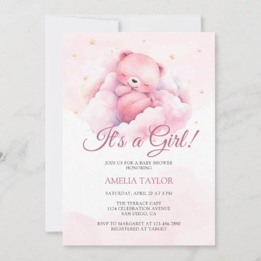 Niedlicher Pink-Bär Es ist eine Girl Baby Dusche Einladung (Vorderseite)