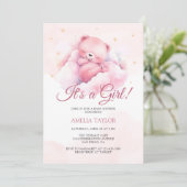 Niedlicher Pink-Bär Es ist eine Girl Baby Dusche Einladung (Stehend Vorderseite)