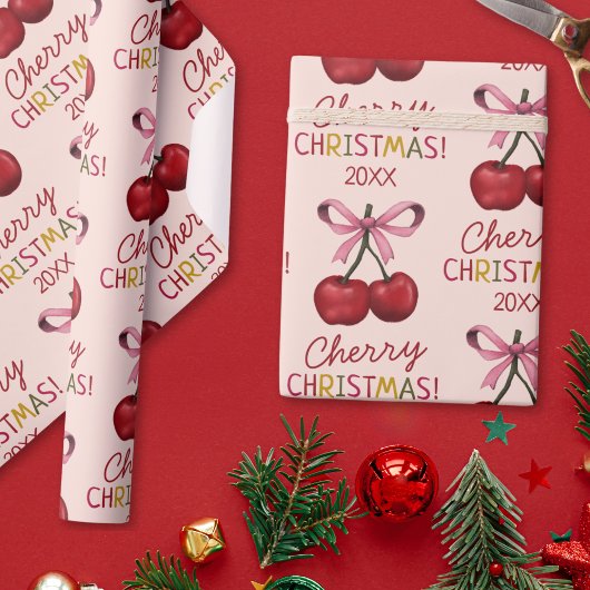 Niedlicher Pink Bow und Red Cherry Weihnachtsmuste Geschenkpapier