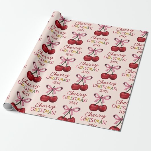 Niedlicher Pink Bow und Red Cherry Weihnachtsmuste Geschenkpapier (Ungerollt)