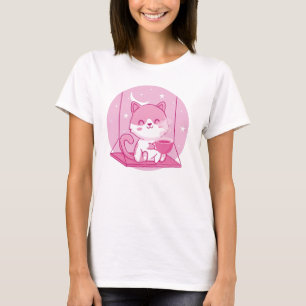 Niedlicher Pink Cat Coffee, Kitten Swing Coffein D T-Shirt