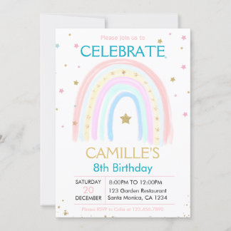 Niedlicher Pink Pastel Gold Rainbow - Geburtstag E Einladung