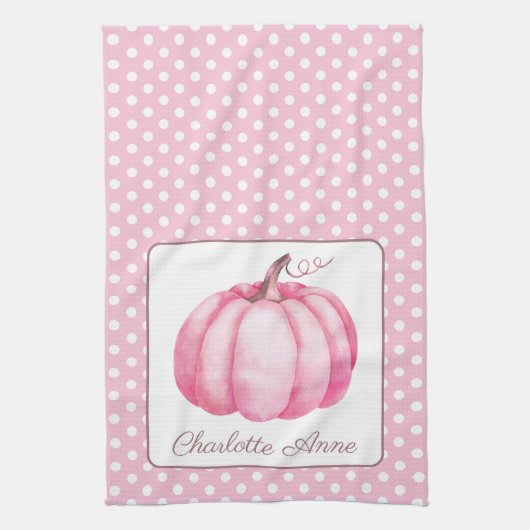 Niedlicher Pink Pumpkin auf Polka Dots Personalisi Geschirrtuch (Vertikal)