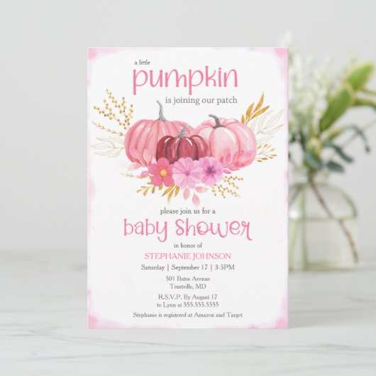 Niedlicher Pink Pumpkin Patch Wasserfarbe Kinderdu Einladung (Stehend Vorderseite)