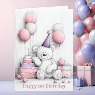 Niedlicher Pink Teddy Bear 1. Geburtstag Karte