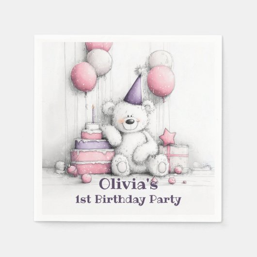 Niedlicher Pink Teddy Bear 1. Geburtstag Party Serviette (Vorderseite)