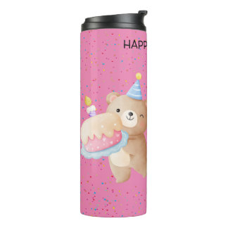 Niedlicher Pink Teddy Bear und Regenbogen Freckles Thermosbecher