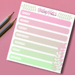 Niedlicher Pink-und Grüner Wochenplaner Notizblock<br><div class="desc">Hier ist ein personalisiertes Notizblock,  mit dem Sie sich an Ihre wichtigsten wöchentlichen Aufgaben erinnern können. Jeden Wochentag gibt es verschiedene pastellrosa und grüne Leerbereiche,  die mit minimalistisch grünen Zweigen der gleichen Farben dekoriert sind,  und Ihr Name erscheint oben. Der Text ist vollständig anpassbar.</div>