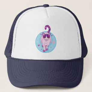 NIEDLICHER PINK UND LILA KATZE IN EINEM HAUTKREIS TRUCKERKAPPE