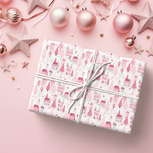 Niedlicher Pink Weihnachtsdorf Schneetag Geschenkpapier