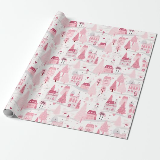 Niedlicher Pink Weihnachtsdorf Schneetag Geschenkpapier (Ungerollt)