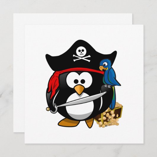 Niedlicher Piratenpinguin mit Schatztruhe Einladung (Vorne/Hinten)