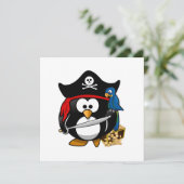 Niedlicher Piratenpinguin mit Schatztruhe Einladung (Stehend Vorderseite)