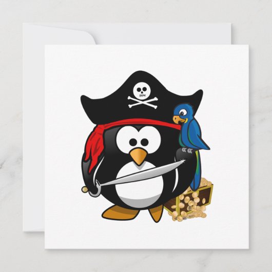 Niedlicher Piratenpinguin mit Schatztruhe Einladung (Vorderseite)