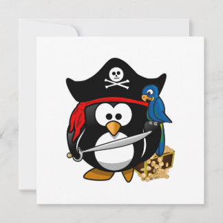 Niedlicher Piratenpinguin mit Schatztruhe Einladung