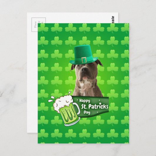 Niedlicher Pit Bull Dog Hat St. Patrick's Day w Cl Postkarte (Vorne/Hinten)