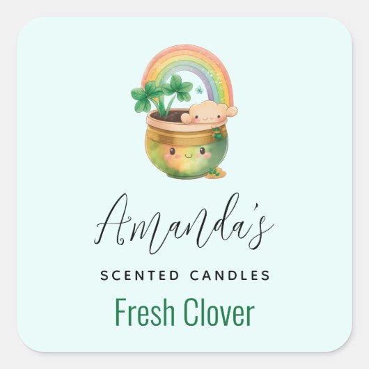 Niedlicher Planter mit Regenbogen und Clover Candl Quadratischer Aufkleber (Vorderseite)