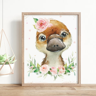 Niedlicher Platypus mit Wasserfarbe Rosa Blütenwan Poster