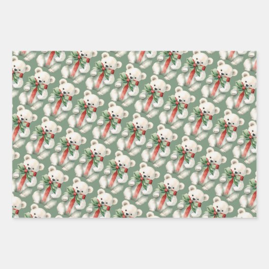 Niedlicher Polar Bär Aquarell Grün Geschenkpapier Set (Vorderseite)
