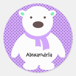 Niedlicher Polar-Bär auf Lilac, Name hinzufügen Runder Aufkleber